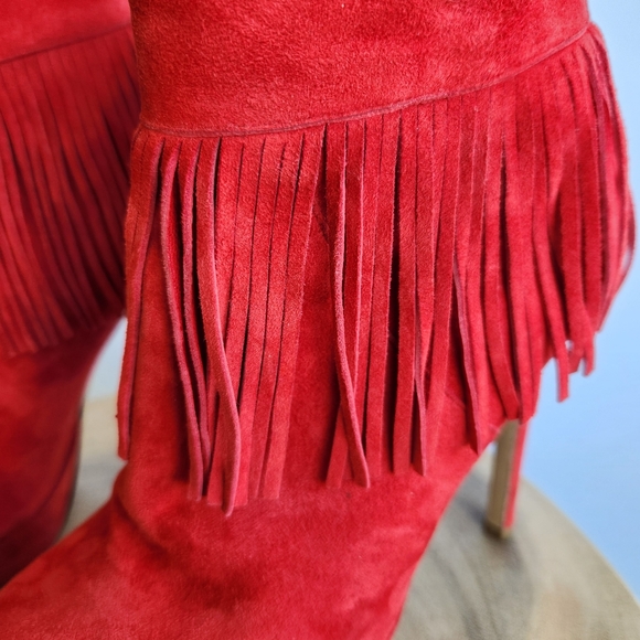 Charles David Lula Fringe Trim Suede Bootie Red Ankle Boot High Heels Size 7 - Picture 7 of 16